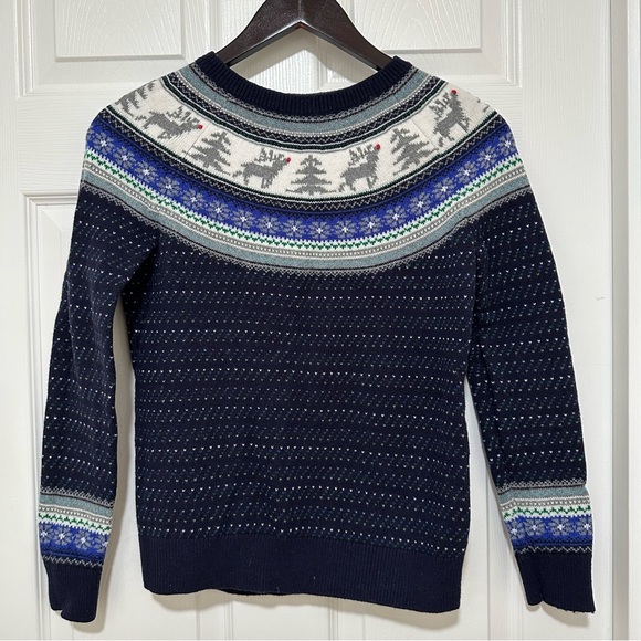 Talbots Women’s Navy SP Fair Isle Crewneck Christmas Reindeer Sweater Wool Blend - Picture 1 of 8